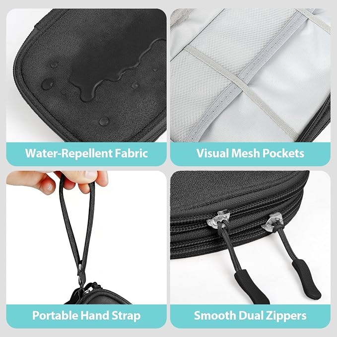 Double Layer Electronics Organizer, Travel Tech Pouch, Black | Water-resistant Oxford fabric with padded lining. 8 compartments organize 3ft+ cords and chargers. Includes 8 cable ties. - Image 4