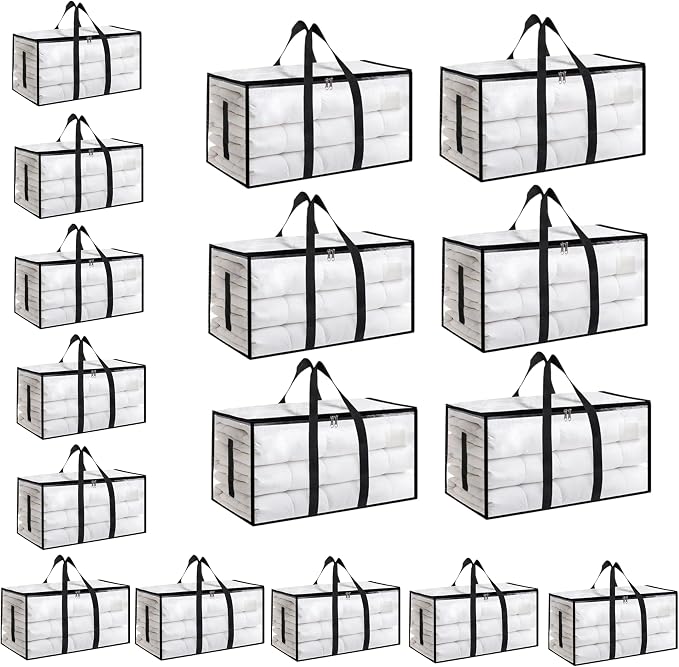 16 Pack-Extra Large Heavy Duty Moving Bags - Waterproof Storage Totes with Handles & Zippers, Foldable for College Dorm, Storage (Clear) by Unknown
