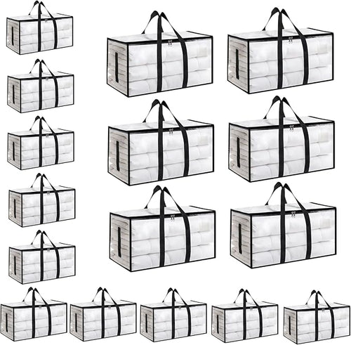 16 Pack-Extra Large Heavy Duty Moving Bags - Waterproof Storage Totes with Handles & Zippers, Foldable for College Dorm, Storage (Clear) by Unknown