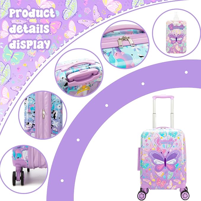 Kid's Luggage Set 5 Piece Suitcase Set 16" Hardside Luggage with Spinner Wheels Girls Carry on Toddler Travel Rolling Suitcase with Neck Pillow Airline Approved - Image 4