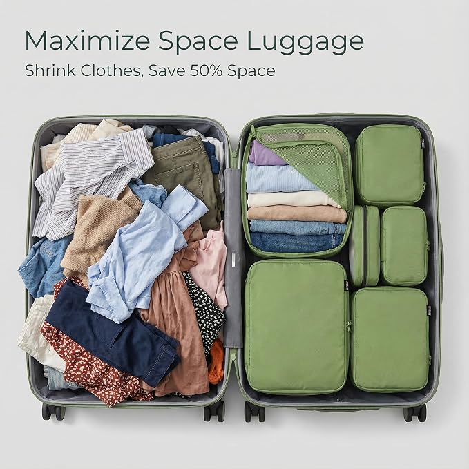 6 Set Compression Packing Cubes for 7–14 Day Travel, Forest Green | Nylon Oxford Fabric, Full Breathable Mesh, Reinforced Double-Zipper, Small to Large Size Bag, Expandable Packing System - Image 6