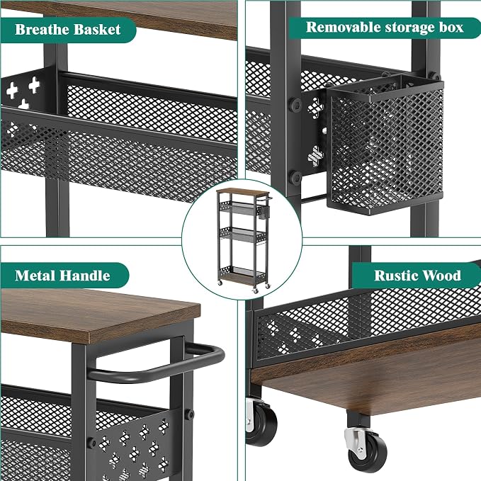 XYZLVSI Slim Storage Cart, 4 Tier Laundry Room Organizer for Small Space | Narrow shelf 14.4" bottom shelf, wire basket, hooks, ideal for kitchen/bathroom/office/dorm, between washer and dryer storage - Image 5