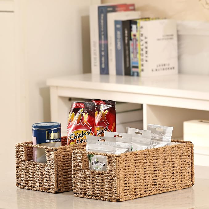 Wicker Storage Basket, Set of 2 Hand-Woven Paper Rope Wicker Basket, Small Storage Baskets for Organizing Toilet Paper, Foldable Large Cube Storage Organizer Bins for Shelves (Natural) - Image 3