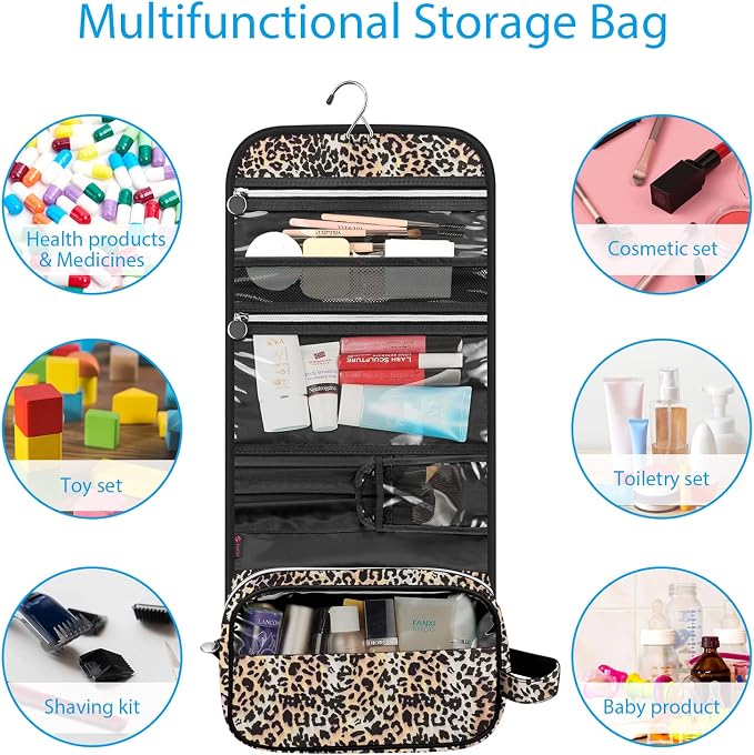 FINTIE Portable Toiletry Cosmetic Travel Bag Hanging Makeup Organizer | Large Water Resistant Storage Pouch Case, For Women Girls, Leopard - Image 5