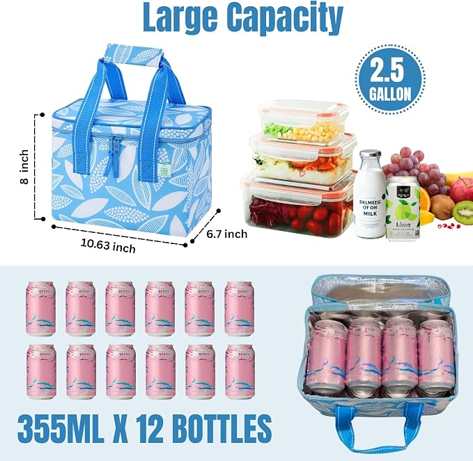 VENO 2 Pack Small Cooler Insulated Lunch Bag Reusable Grocery Shopping Bag | Collapsible Lunch Box Tote for Women Men w/ Handles, Dual Zippers, 9L Capacity for Work Office Picnic Beach (Spring Breeze) - Image 2