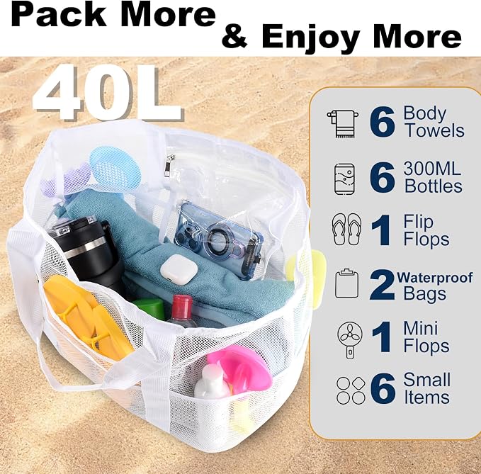CaCTOUR Mesh Beach Bag,Large Beach Bags for Women with 8 Pockets,Packable Tote Bag for Beach Cruise Pool Vacation Essentials - Image 4
