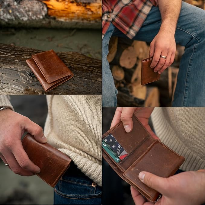 BULL GUARD Leather Trifold Wallets For Men In Grizzly Brown with ID and RFID Blocking Great For Work, Sports, Outdoors, No Logo Design - Image 3