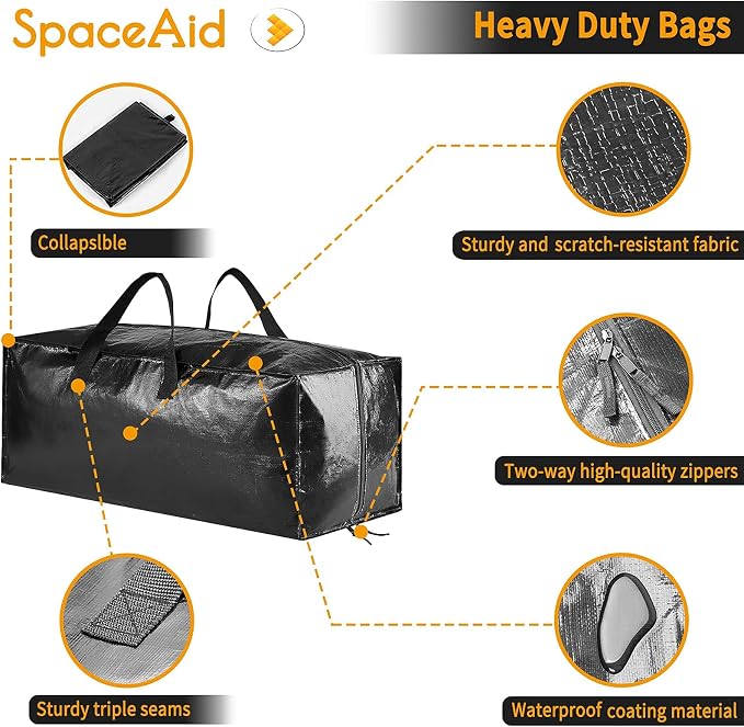 SpaceAid Heavy Duty Moving Bags, Extra Large Storage Totes W/Backpack Straps Strong Handles & Zippers, Alternative to Moving Boxes, Packing & Moving Supplies, Black (10 Pack) - Image 4