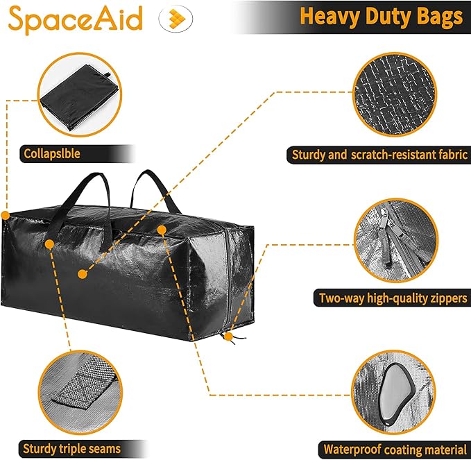 SpaceAid Heavy Duty Moving Bags, Extra Large Storage Totes W/Backpack Straps Strong Handles & Zippers, Alternative to Moving Boxes, Packing & Moving Supplies, Black (6 Pack) - Image 4