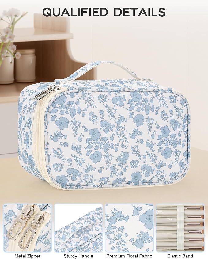 Relavel Travel Makeup Bag, Small Floral Cosmetic Bag with Makeup Brush Compartment, Portable Makeup Pouch for Women, Double Layer Makeup Organizer Bag Cute Toiletry Bag - Image 4
