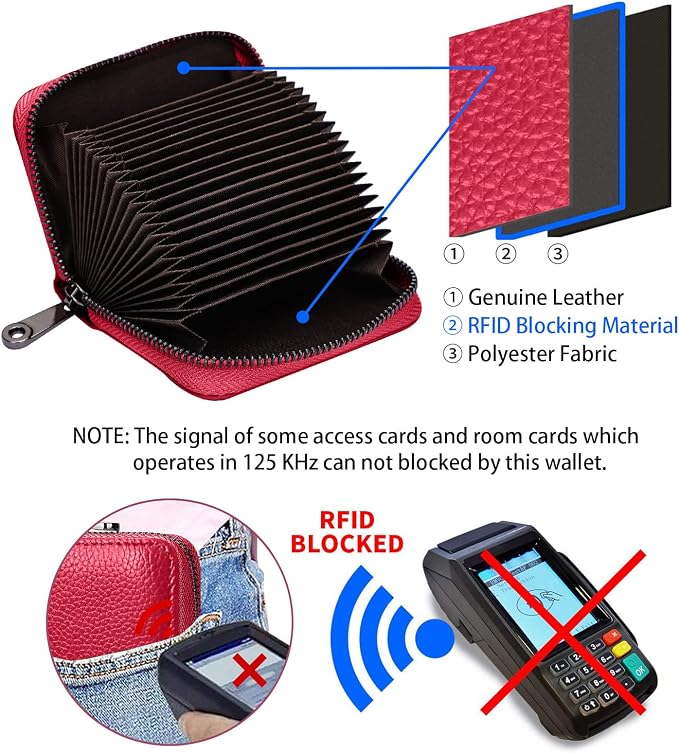 Linno RFID 20 Slots Credit Card Holder Genuine Leather Small Wallet for Women or Men with Zipper - Image 3
