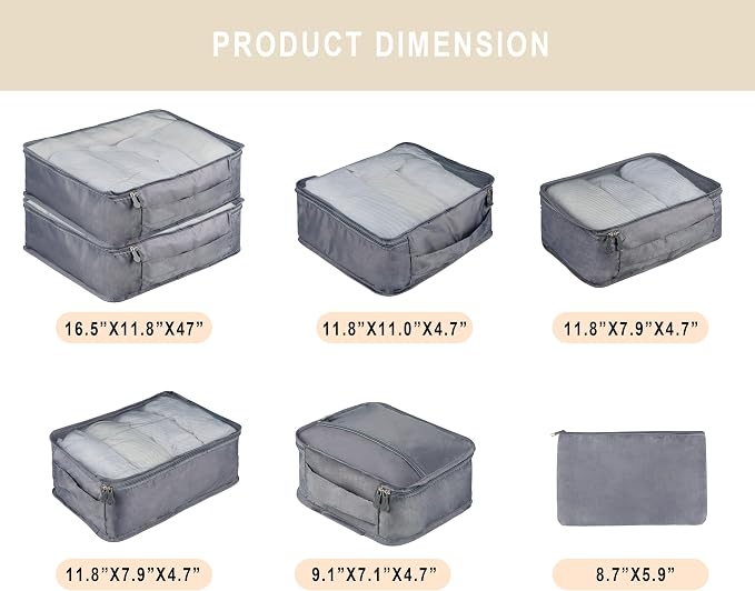Vercord 7 Set Travel Packing Organizers Cubes Luggage Suitcase Organizer Bags Clothes Underwear Cube Shoe Pouch Pack Grey - Image 2