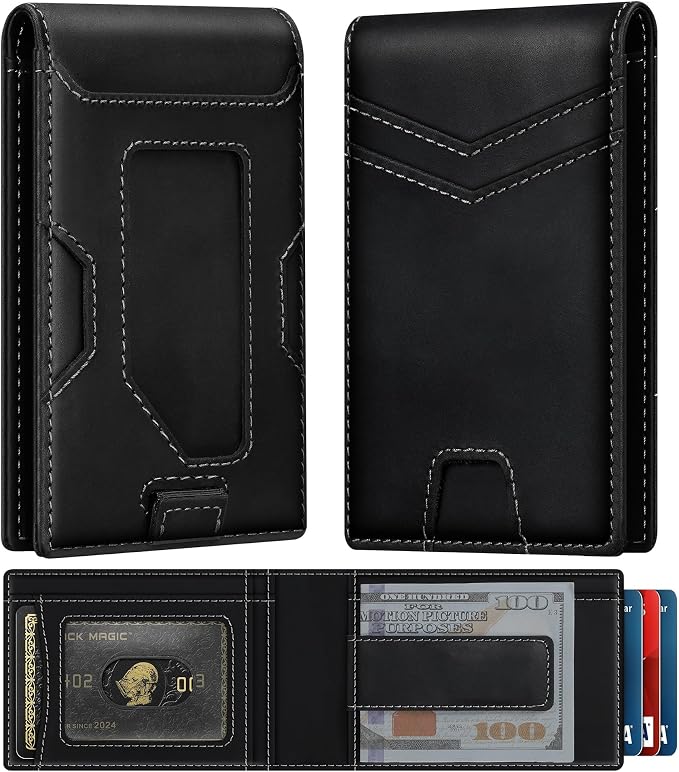 Slim Genuine Leather Wallet: Thin RFID Wallet 12+ Card Hold | Top Grain Leather Wallet with Magnetic Money Clip Inside - Minimalist Front Pocket Wallets - Gifts for Men with Gift Box by FURID
