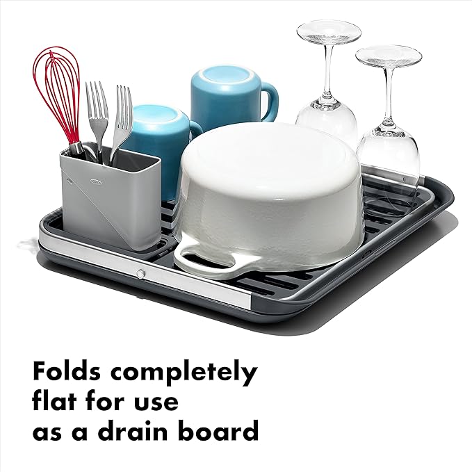 OXO Good Grips Aluminum Fold Flat Dish Drying Rack, 2-Tier, with Drainboard, for Kitchen Counter, Collapsible - Image 2