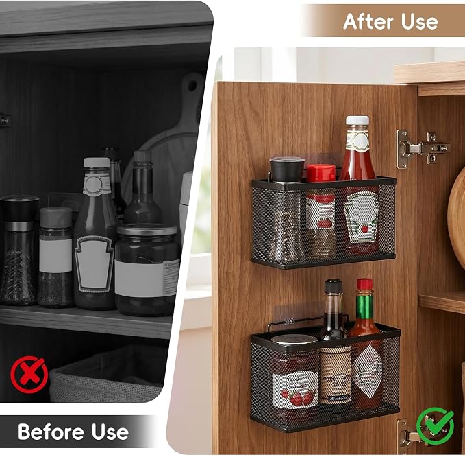 Adhesive Cabinet Door Organizer, 2 Pack Metal Baskets for Kitchen | No-Drill Wall Mounted, Holds Up to 8.8 lbs, for Pantry, Under Sink, Laundry Room & Bathroom Space Saving Storage Caddy - Image 6