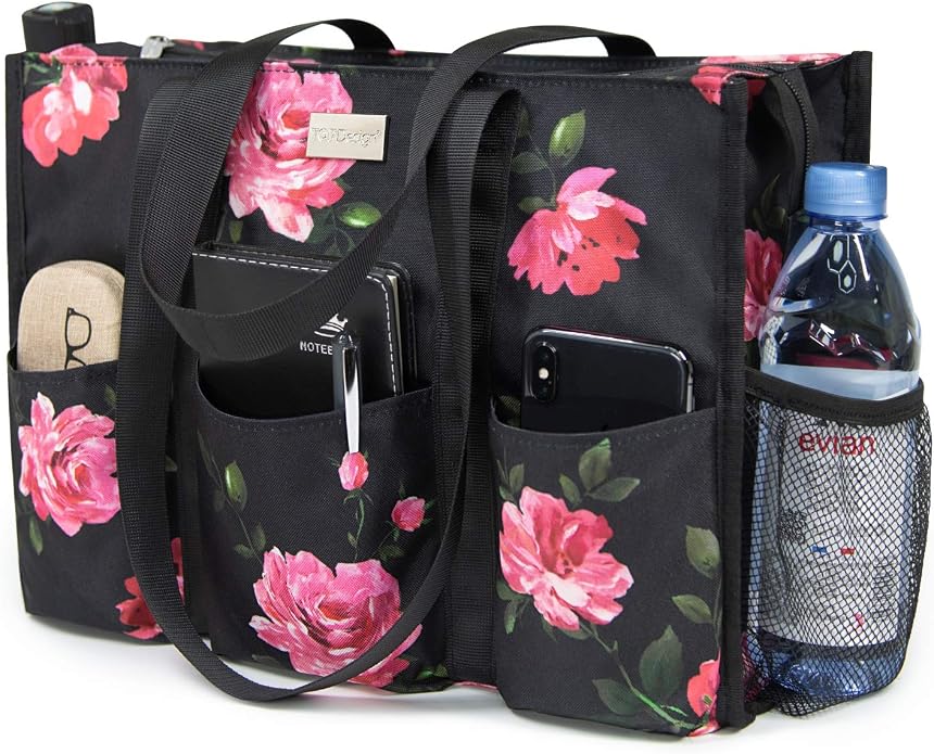 TOPDesign Utility Water Resistant Tote Bag with 13 Pockets, Top Zipper Closure & Thick Bottom Support, for Working Women by TOPDesign