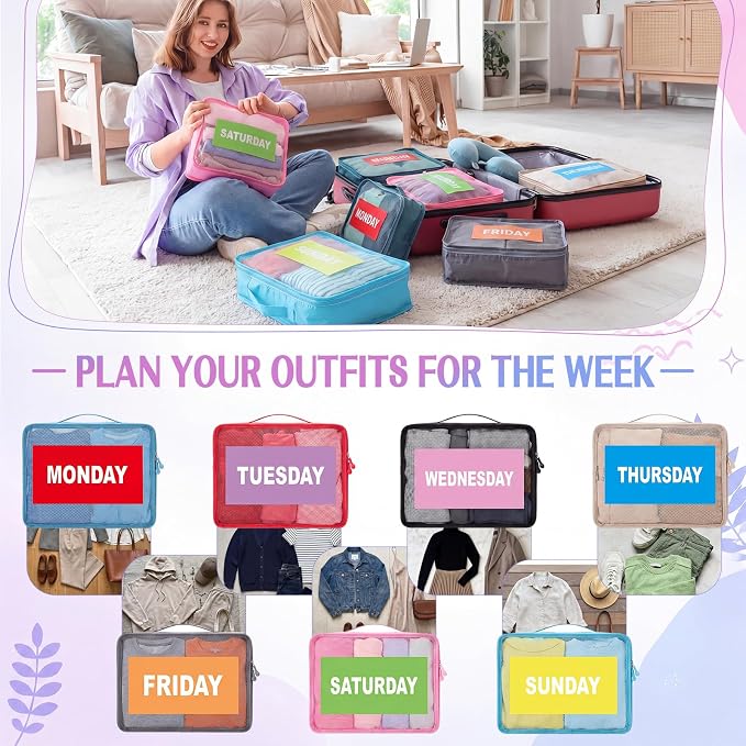 Woanger 7 Pcs Packing Cubes for Travel Days of Week Packing Cubes with Labels Zippered Camping Bag for Summer Camp Essentials - Image 6