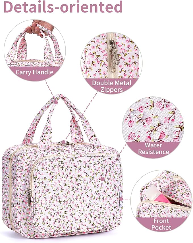 Narwey Hanging Toiletry Bag for Women Travel Makeup Bag Organizer Toiletries Bag for Travel Size Essentials Accessories Cosmetics (Pink Flower (Medium)) - Image 6