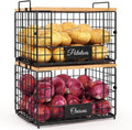2 PACK XXL Potato and Onion Storage Bins, Pantry Organizers and Storage | Stackable Wire Baskets with Wooden Tops & Tags, Kitchen Counter Organizers Bins for Potato, Onion, Fruit, Vegetable, Garlic by keomaisyto