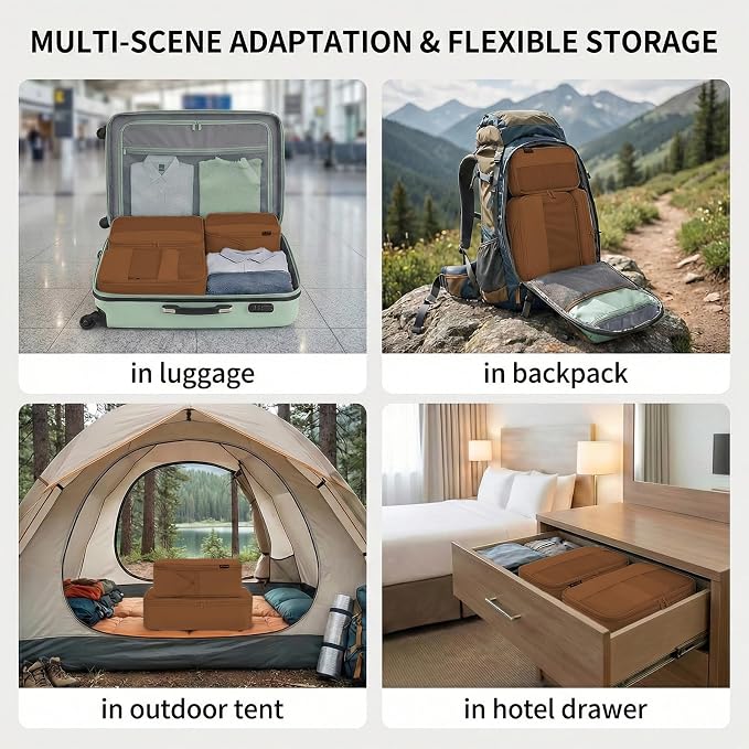 4 Piece Compression Packing Cubes for 3–7 Day Travel, Light Brown | Wrinkle-Resistant Memory Fabric, Breathable Mesh Panel, Double-Zipper, Small to Large Size Bag, Smart Organization - Image 6