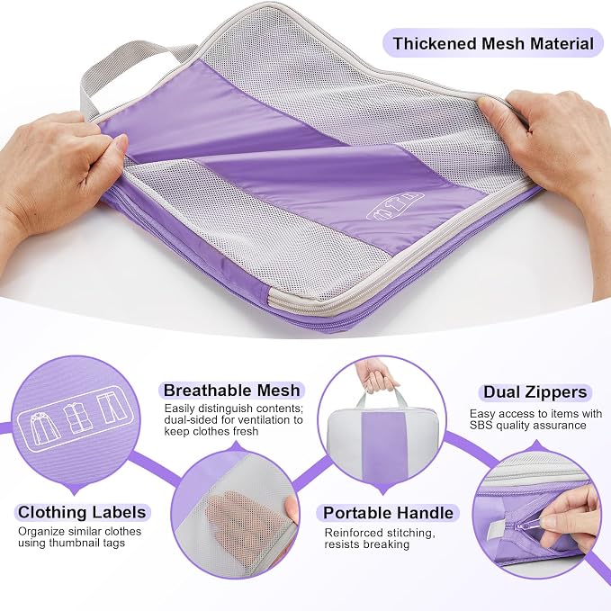 OlarHike 10 Set Compression Packing Cubes for Travel Essentials,Compressible Expandable Space Saver Bags for Organizing Clothes,Luggage Garment Bags with Over 1000 pcs Mesh Holes(Light Purple) - Image 6