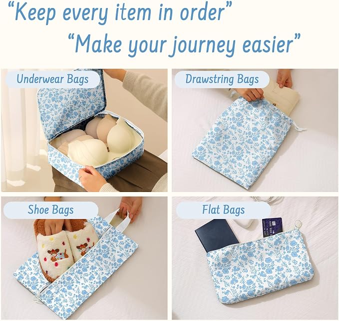 9 Set Packing Cubes for Travel Essentials - Lightweight Carry-On Luggage Organizer Bags with Shoe, Clothes & Laundry Bags for Airplane, Family & Business Travel, Blue flowers - Image 5