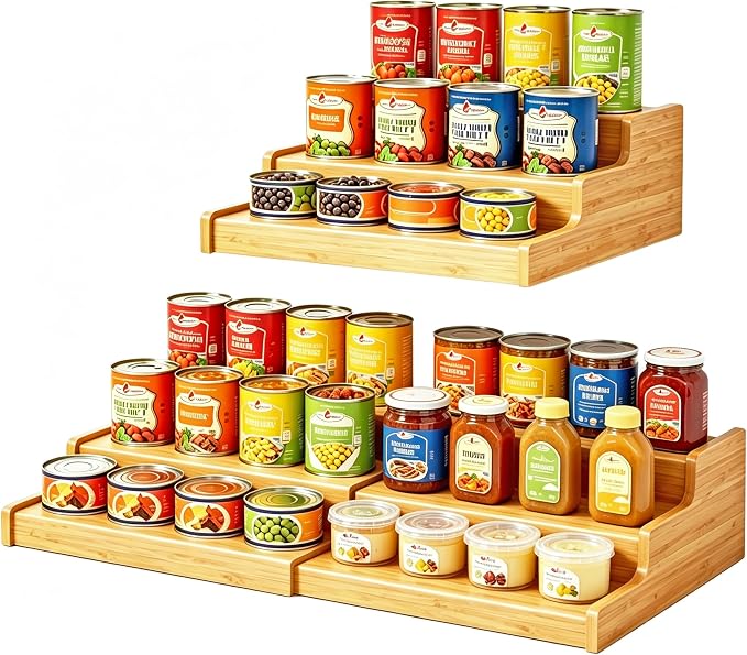 Expandable Bamboo Can Display Organizer for Pantry, 3-Tier Can Storage | Easy-Access Adjustable Can Shelf for Cabinets, Storage for Canned Goods & Soda Cans, Holds Up to 24 Cans (Patent Pending) by Lyuwanxian