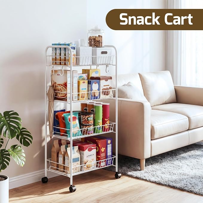 PLKOW 4-Tier Rolling Utility Cart with Detachable Baskets, White | 4-tier steel cart with detachable baskets, anti-fall pads, hooks, and 360° wheels for compact home storage. - Image 7