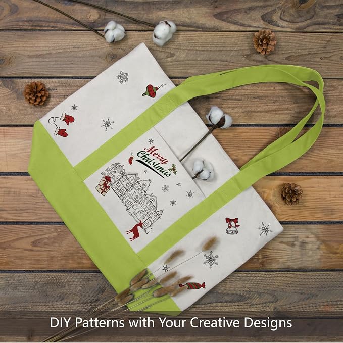 TOPDesign 6-Pack Canvas Tote Bags with an External Pocket, Reusable Grocery Shopping Bags, Top Zipper Closure, Daily Essentials (Light Green/Natural) - Image 3