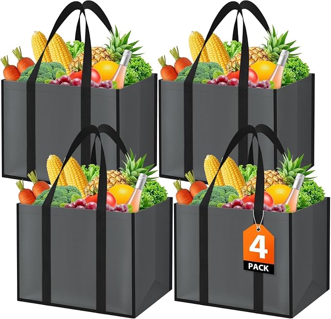 WISELIFE Reusable Grocery Bags, Foldable, Lasting Use, 35L, 4 Pack, Gray | Large Shopping Bags with Reinforced Stitching, Water-Resistant Grocery Totes for Kitchen, Market, Car Trunk, Picnic by WiseLife
