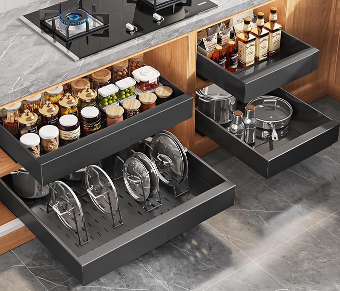 Seinloes 4Pack Expandable Pull Out Cabinet Organizer 21"Deep With Raising Pad for Framed Cabinets,Slide Out Drawers with 4pcs Divider Racks,Roll Out Shelves Adhesive,Adjustable Width 12.05"-20.4"Black by Seinloes