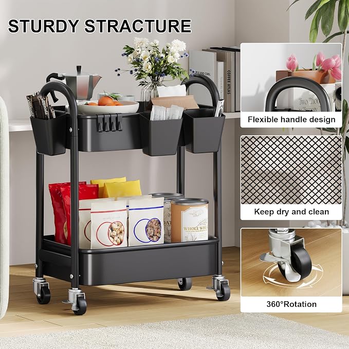 2 Tier Rolling Cart Metal on Wheels,Two Tiered Short Side Table with Wheels | Heavy Duty Under Desk Mobile Shelf Trolley, Small Utility Storage Carts Organizer for Craft, Art, Office,Kitchen,Black Basket - Image 6