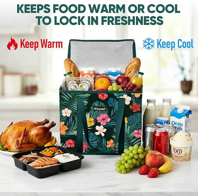 BALEINE 1PK Insulated Reusable Grocery Bag, Heavy Duty Shopping Tote | Foam & Foil Insulation, 9" Long Handles, Reinforced Bottom Keeps Upright, Fold Flat Storage, Water-Resistant Shopping Bag - Image 4