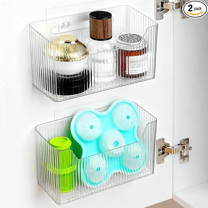 2 Pack Cabinet Door Organizer, Adhesive Wall Mounted Organizer Bins, Clear Storage Caddy, Stackable Basket for Kitchen Cabinets, Bathroom, Pantry, Office, and Tabletop Organization by MZYIWUU