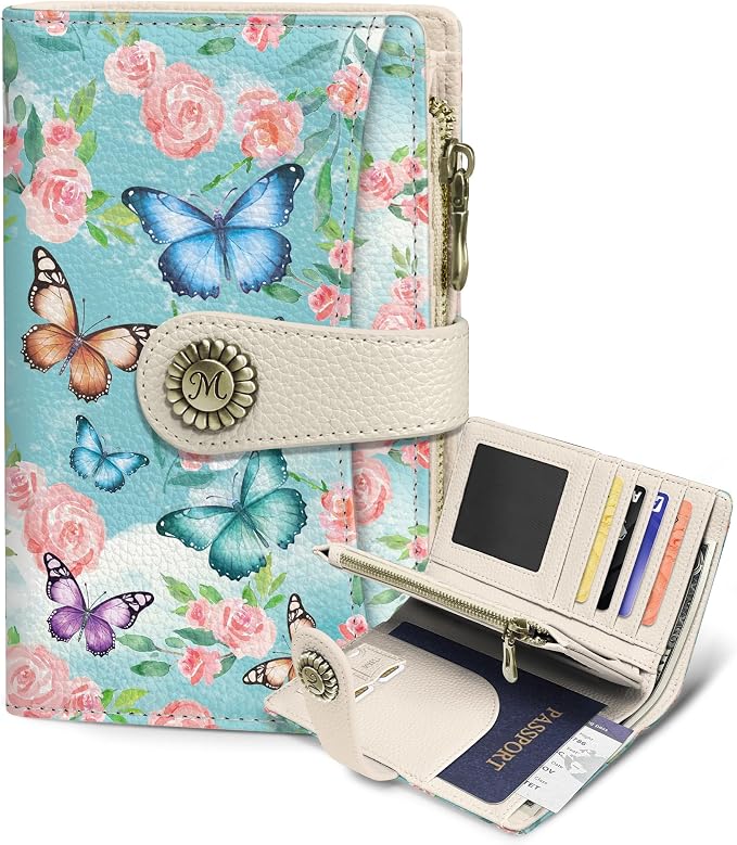 Butterfly Wallet Women RFID, Passport Holder, Credit Card Holder | 6.7" x 4.4" x 1.3" Bifold, Travel billfold, Zipper Pocket, PU Leather, Clutch, Purse, ID Window, Pen Holder, Gift Ladies Girl by Mavellin