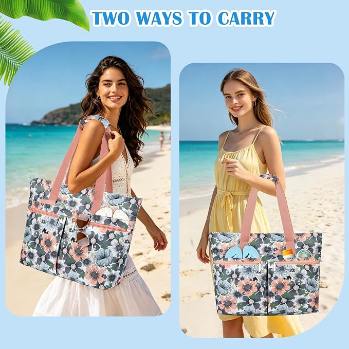 HUANLANG Large Beach Bags for Women Pool Bag with Zipper, Waterproof Sandproof Beach Tote Travel Bag with Wet Pocket - Image 9