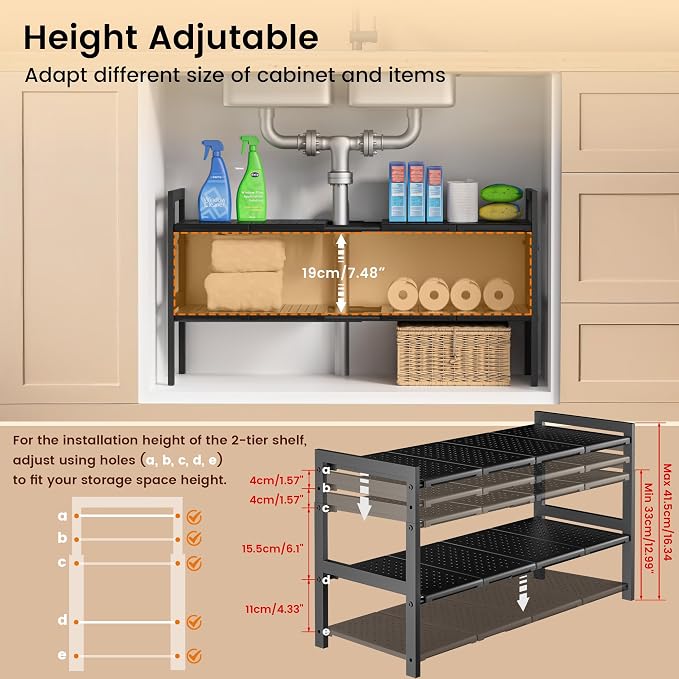 Under Sink Organizer and Storage 16.5"-30.7" Expandable Length, Adjustable Height Max 16.7" Under Sink Shelf 2 Tier with Removable ABS Panels Metal Frame for Bathroom Kitchen Pantry Cabitnet Pot Pan - Image 3