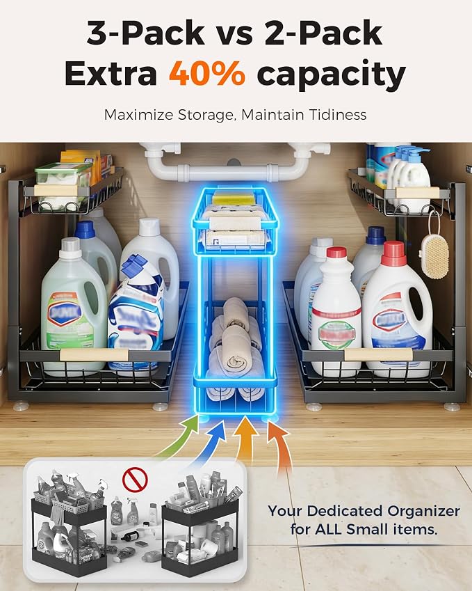 3-Pack 2-Tier Height Adjustable Under Sink Organizer, Black | Multi-purpose metal storage shelf with sliding shelves for kitchen, bathroom, pantry & laundry cabinet - Image 2
