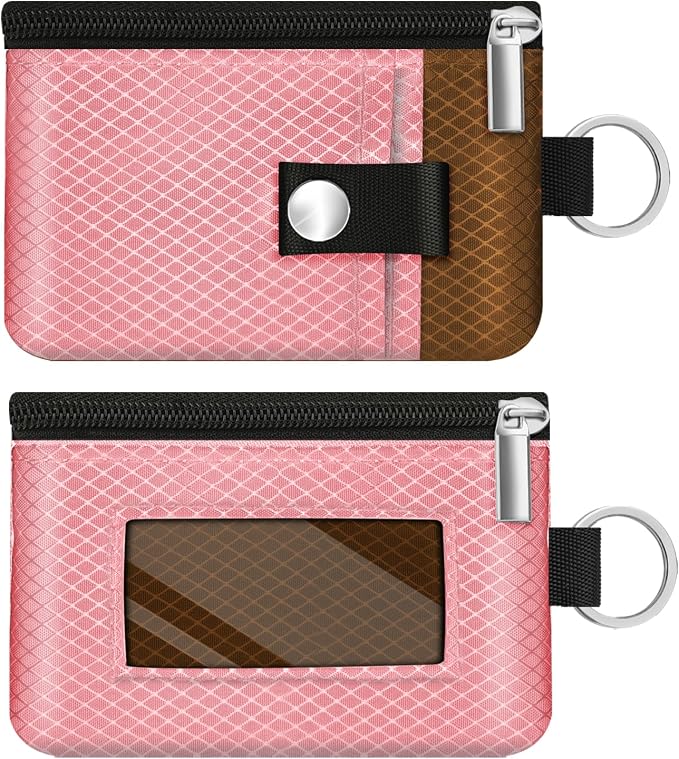 Minimalist RFID Blocking Small Wallet with ID Window,WaterResistant Zip Id Case Wallet with Lanyard Keychain for Cards,Cash,Travel,Women,Men (Pink/Brown) - Image 3