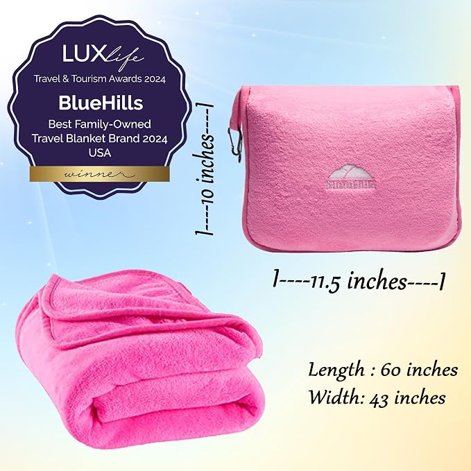 BlueHills Premium Soft Travel Blanket Pillow Value Pack Set of 2 - Airplane Flight Blanket Throw in Soft Bag with Luggage Belt Compact Pack Large Blanket for Travel Pink and Teal Green Color - Image 4