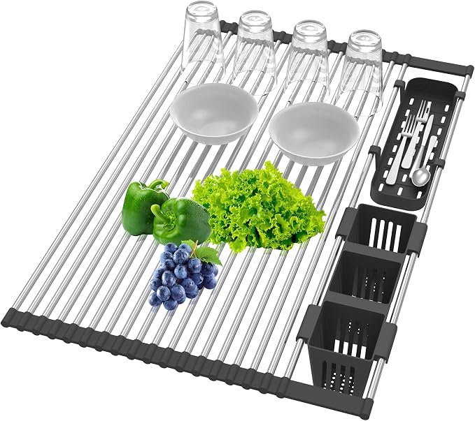 BBXTYLY Extra Large Black Expandable Roll Up Dish Drying Rack Up to 22.8''with 2 Storage Baskets,Over The Sink Kitchen Rolling up Dishes Drainer, Foldable,Rollable - Image 2