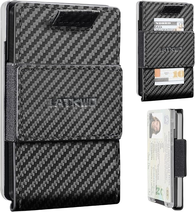 Wallet for Men Slim Pull Tab Metal RFID Blocking Credit Card Holder with ID Window & Cash Strap - Compact Front Pocket Design Holds 1-10 Cards (3.62x2.36x0.47in) (Carbon) by LATKWO