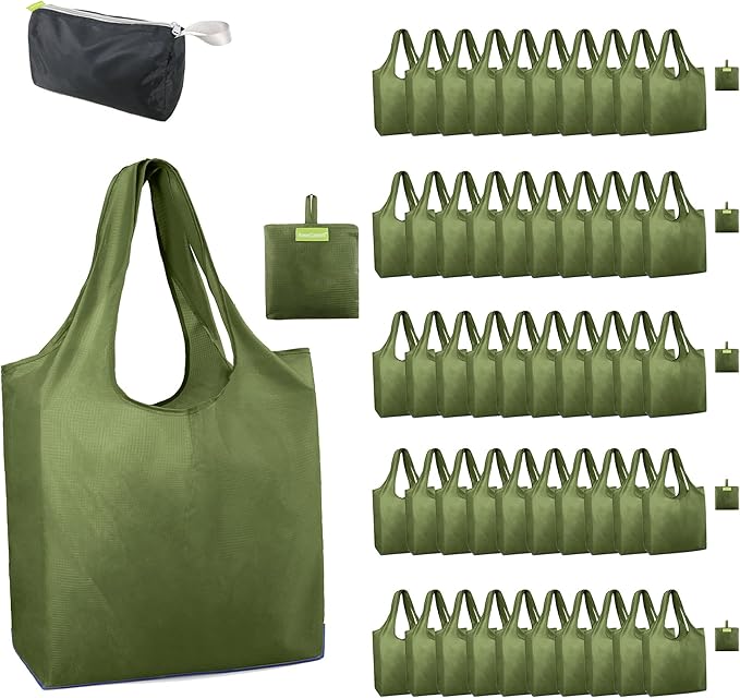 BeeGreen Green Reusable Grocery Bags Wholesale Moss Green Reusable Kitchen Bags Bulk Foldable-Machine Washable with Zipper Storage Pouch 50 Packs by BeeGreen