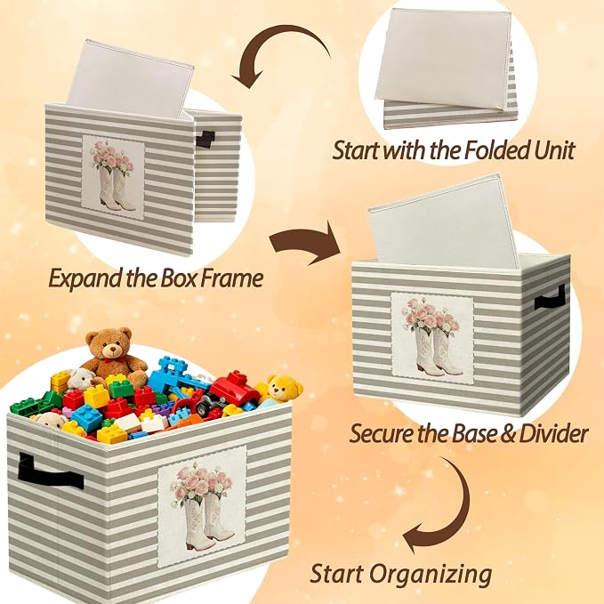 Rustic Cowgirl Boot Storage Bins Boxes Handles | grey striped nursery foldable basket for organizing bedroom toddler playroom - Image 6