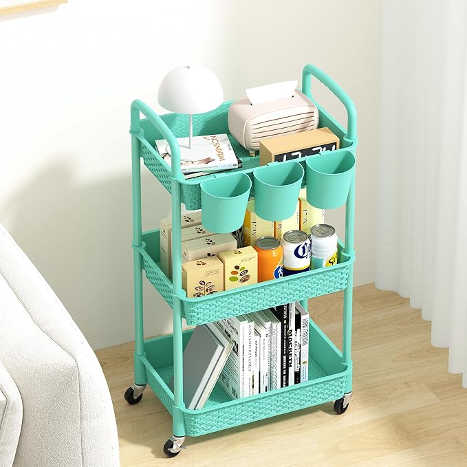 MOYIPIN 3-Tier Plastic Rolling Utility Cart with Handle,Turquoise | Utility Storage Cart for Office, Living Room, Kitchen,Movable Storage Organizer，Easy installation，Rattan-like art design - Image 3