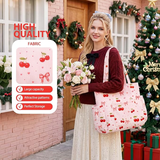 Corduroy Tote Bag for Women,Large Capacity Cute Tote Bags With 6 Pockets,Crossbody Shoulder Handbag for Work Travel Gym - Image 6