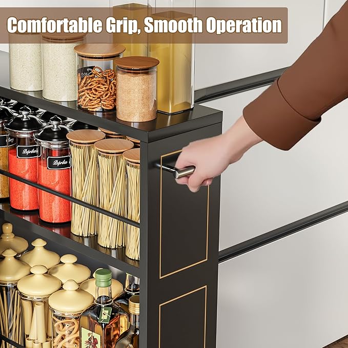 KLM 4 Tier Black Slim Storage Cart with Handle, Slide Out Storage Rolling Utility Cart for Kitchen, Laundry, Narrow Places-6.7" W - Image 6
