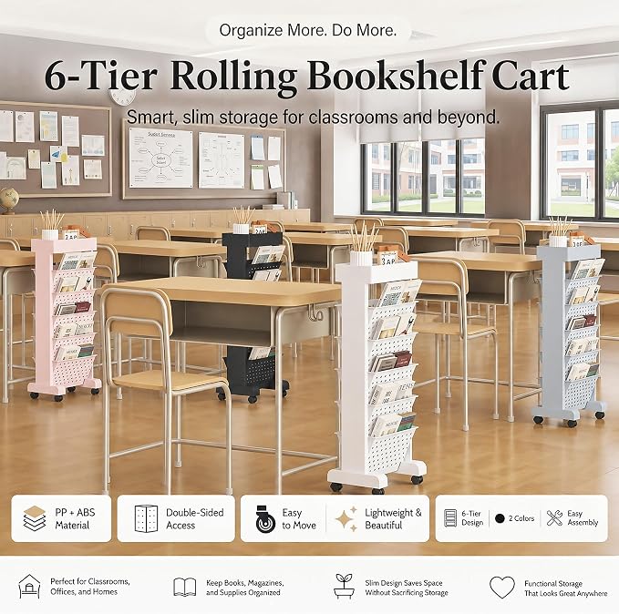 BYFU 6-Tier Movable Bookshelf Cart, Pink | Rolling Wheels, File Paper Storage Organizer, Mobile Bookcase, For Home Office Study Classroom - Image 7