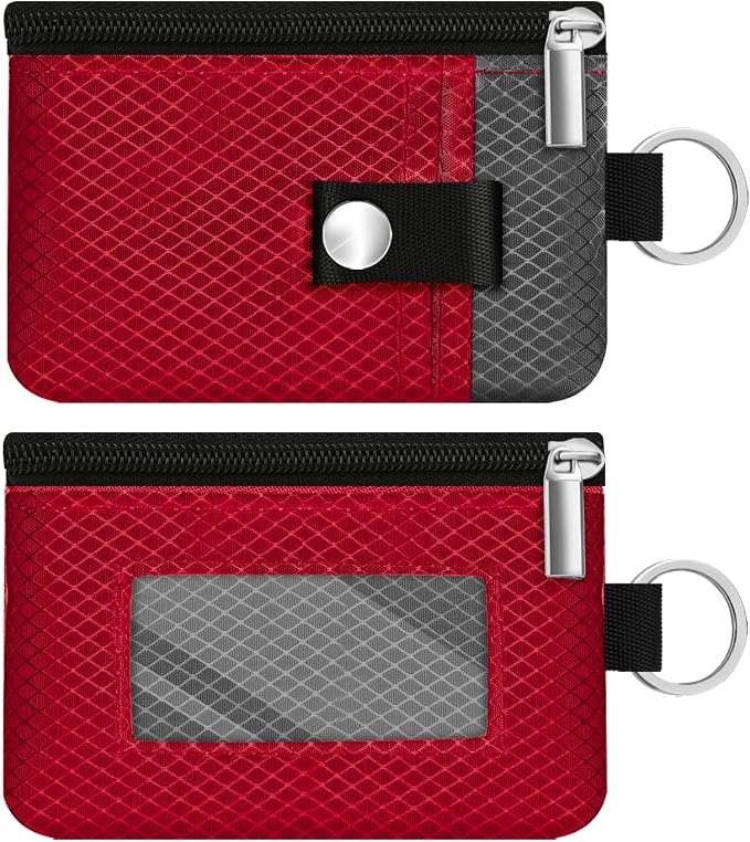 Minimalist RFID Blocking Small Wallet with ID Window,WaterResistant Zip Id Case Wallet with Lanyard Keychain for Cards,Cash,Travel,Women,Men (Red/Dark Grey) - Image 3