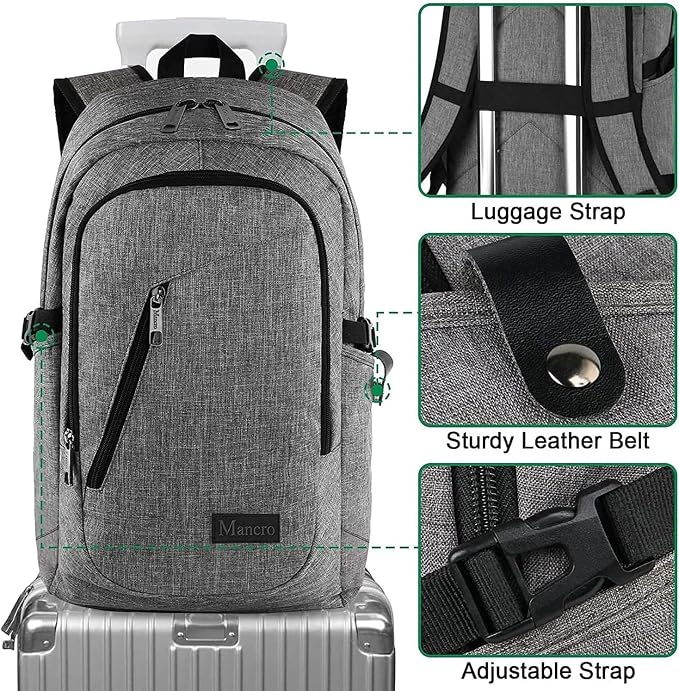 Mancro 17.3 Inch Business Laptop Backpack Anti-Theft Travel Backpack | Large Travel Computer Bag Lightweight Work Backpack Daypack with Lock and Laptop Compartment for Men Women, Grey - Image 8